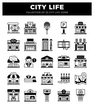 Black and white vector icons representing urban city life elements. イラスト素材