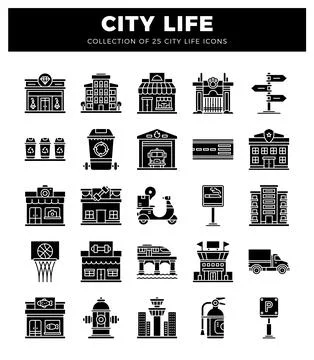 Black and white vector icons representing city life elements on a white bac.. イラスト素材