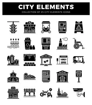 Black and white vector icons depicting 25 city elements for urban infrastru.. Illustrazione stock