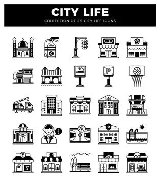 Black and white vector icons representing city life and urban scenes. Stock Illustration