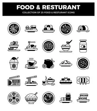 Black and white vector icons of food and restaurant elements on a white bac.. Stock Illustration