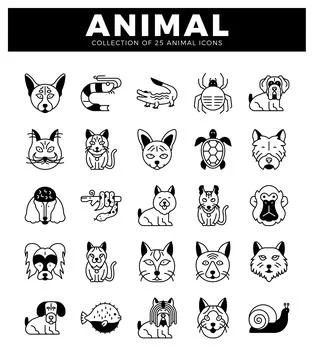 Black and white vector icons of diverse animals arranged in a grid. Stock Illustration