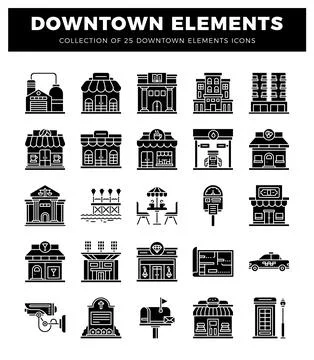Black and white vector icons depict various downtown city elements includin.. Stock Illustration