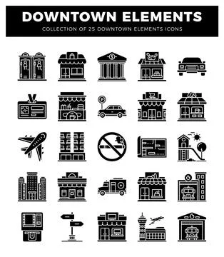 Black and white vector icons of urban elements on a white background 스톡 일러스트