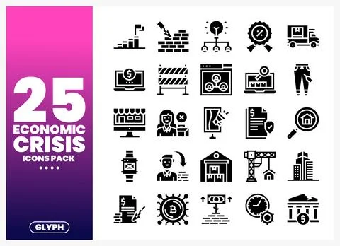 Black and white vector icons depicting economic crisis and finance in a dig.. Stock Illustration