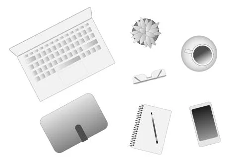 Black and white vector illustration of a desktop with a laptop Stock Illustration