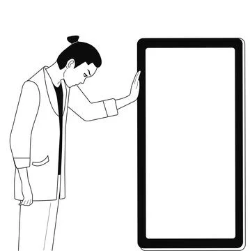Black and white vector illustration hand drawing line. Sad guy with a phone. Stock Illustration