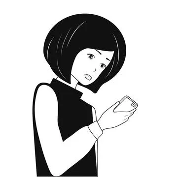 Black and white vector illustration hand drawing line. Girl with a phone. Stock Illustration
