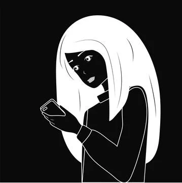 Black and white vector illustration hand drawing line. Girl with a phone. Illustrazione stock