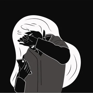 Black and white vector illustration hand drawing line. Girl with a phone. Stock Illustration