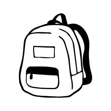 Black and white vector illustration of a backpack in doodle style Ilustración de archivo