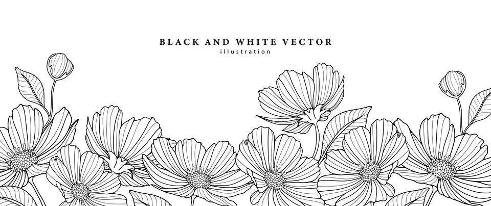 Black and white vector illustration with cute flowers, branches Stock Illustration