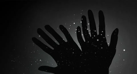Black and White vector illustration with hands on dark background with stars Stock Illustration