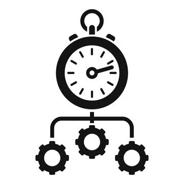 Black and white vector illustration of stopwatch connected to gears, symbolizing Stock Illustration