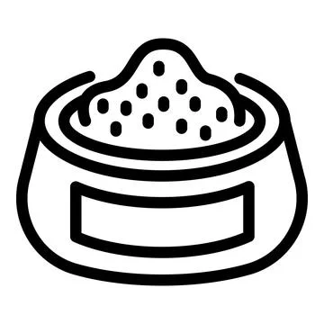 Black and white vector illustration of a pet food bowl with kibble, simplistic Stock Illustration
