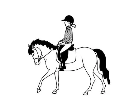 Black and white vector illustration, a girl riding a cute pony Stock Illustration