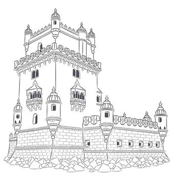 Black and white vector illustration of the Belem Tower architecture in Lisb.. Stock Illustration