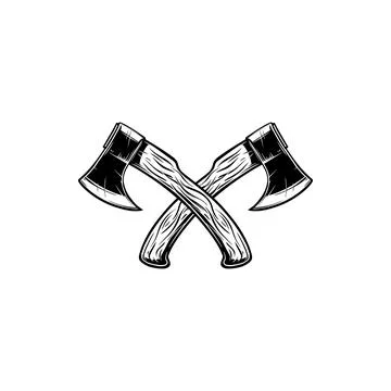 A black and white vector illustration of two crossed hatchets. This detaile.. イラスト素材