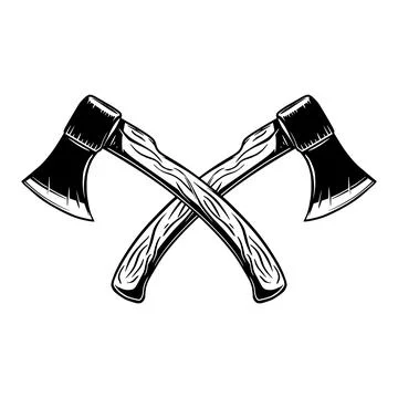 A black and white vector illustration of two crossed hatchets. This detaile.. イラスト素材