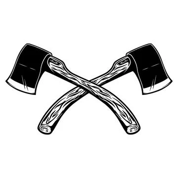 A black and white vector illustration of two crossed hatchets. This detaile.. イラスト素材