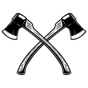 A black and white vector illustration of two crossed hatchets. This detaile.. イラスト素材