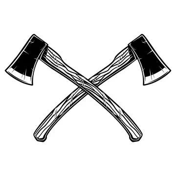 A black and white vector illustration of two crossed hatchets. This detaile.. イラスト素材