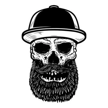 A black and white vector illustration of a bearded skull wearing a baseball.. Stock Illustration