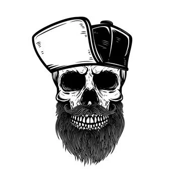 A black and white vector illustration of a bearded skull wearing a baseball.. Stock Illustration