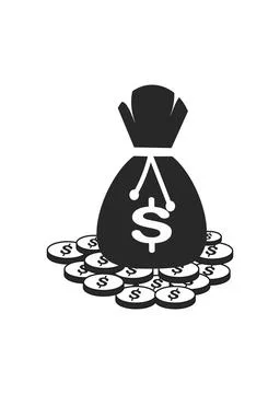 Black and White Vector Illustration of a Money Bag Sitting on a Pile of Coins Stock Illustration