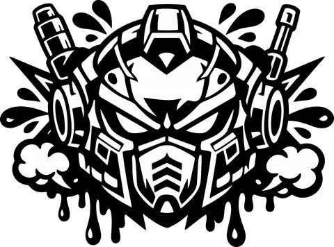 Black and white vector illustration of a futuristic robot warrior helmet gr.. Stock Illustration