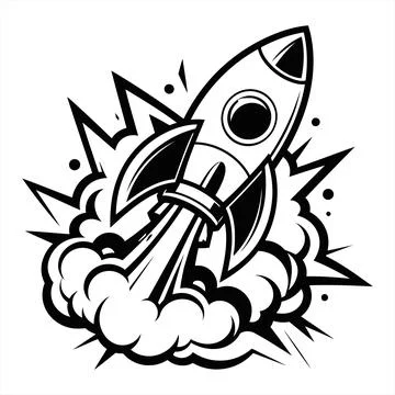 Black and white vector illustration of a space rocket launching with smoke .. Illustrazione stock