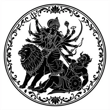 Black and white vector illustration of Hindu goddess slaying a demon Иллюстрация