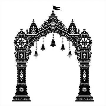 Black and white vector illustration of an ornate traditional Indian temple ar Иллюстрация