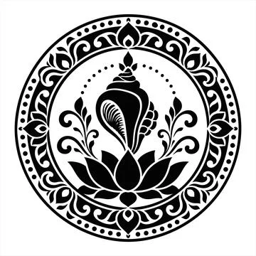 Black and white vector illustration of a sacred conch shell on a lotus flow.. Illustration