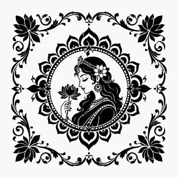 Black and white vector illustration of an Indian goddess in a mandala frame Иллюстрация