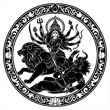 Black and white vector illustration of Hindu goddess slaying a demon in a c.. Иллюстрация