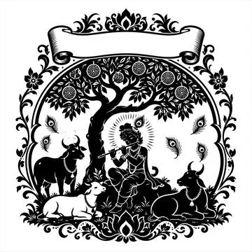 Black and white vector illustration of Hindu deity playing flute under tree.. Иллюстрация