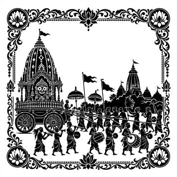 Black and white vector illustration of Hindu chariot festival procession an.. Иллюстрация