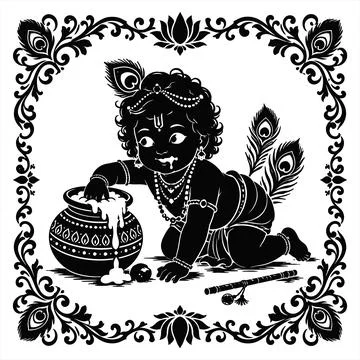 Black and white vector illustration of a crawling baby deity eating butter .. Stock Illustration