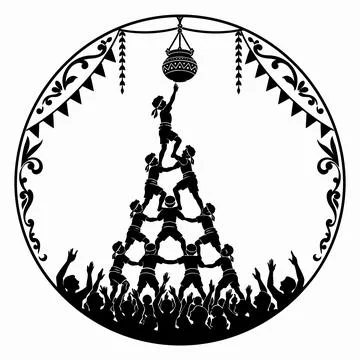 Black and white vector illustration of human pyramid festival celebration eve Иллюстрация