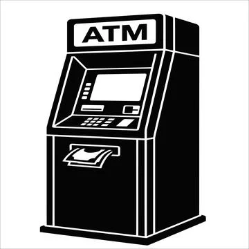 Black and white vector illustration of an atm machine dispensing cash Stock Illustration