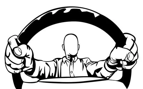 Black and white vector illustration of a driver holding a steering wheel wi.. Stock Illustration