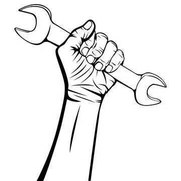 Black and white vector illustration of a hand holding a wrench. Ideal for m.. Stock Illustration