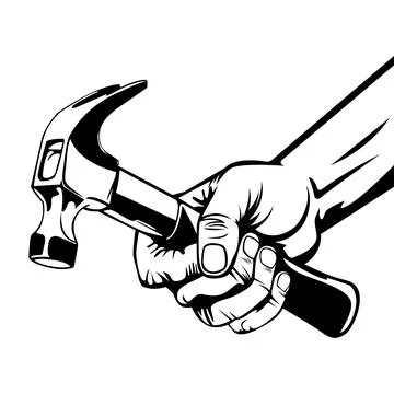 Black and white vector illustration of a hand gripping a hammer. Ideal for .. Illustrazione stock