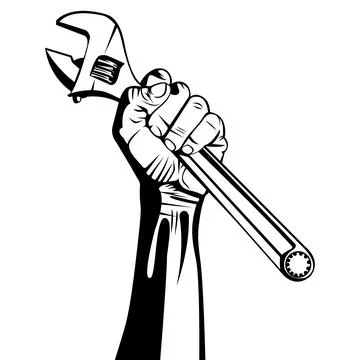 Black and white vector illustration of a hand gripping an adjustable wrench.. Stock Illustration