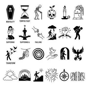 Black and white vector illustration set of 20 symbolic icons representing m.. Stock Illustration