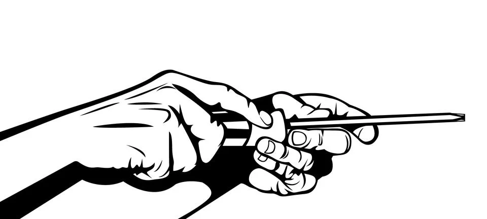 Black and white vector illustration of a hand holding a screwdriver, repres.. Stock Illustration
