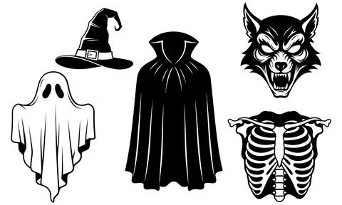 Black and white vector illustration set featuring classic Halloween costume e Stock Illustration
