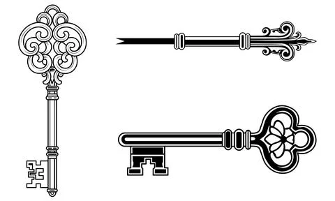 Black and white vector illustration set featuring ornate vintage keys with de Stock Illustration