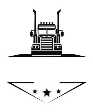A black and white vector illustration shows the front of a semi truck above a Ilustração Stock